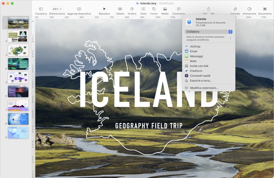 La finestra di Keynote con il menu Condividi aperto dalla barra strumenti.
