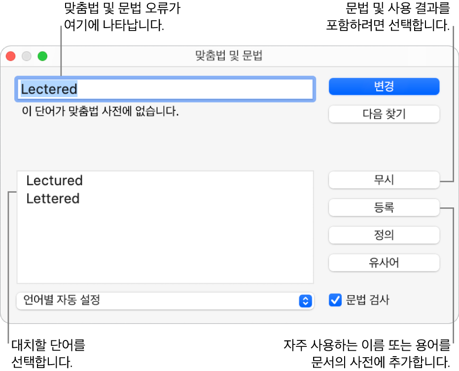 맞춤법 및 문법 윈도우.