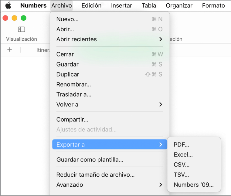El menú Archivo abierto con la opción “Exportar a” seleccionada y con el submenú donde se muestran las opciones de exportación a PDF, Excel, CSV y Numbers ’09.