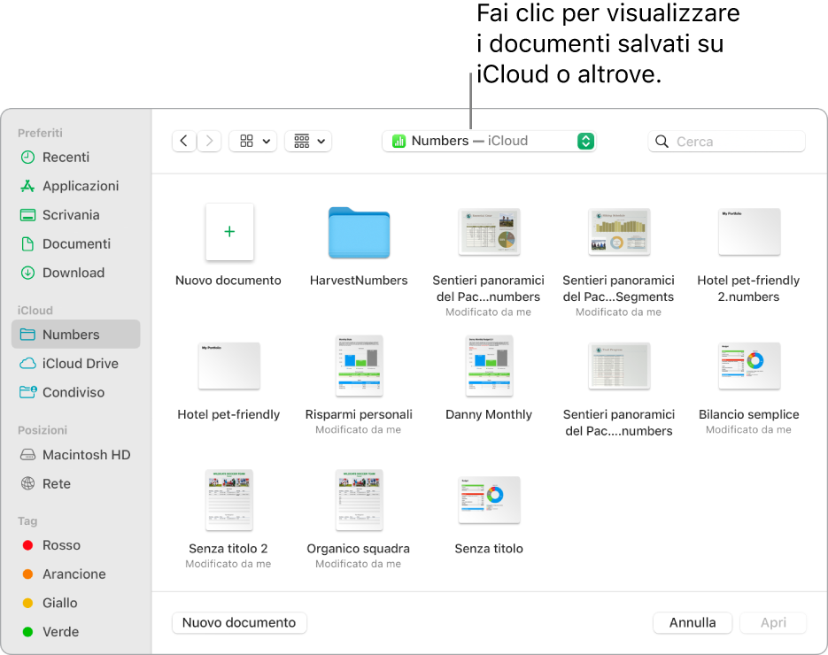 La finestra di dialogo Apri con la barra laterale aperta a sinistra e iCloud Drive selezionato nel menu a comparsa nella parte superiore. Cartelle di Keynote, Numbers e Pages vengono visualizzate nella finestra di dialogo insieme a un pulsante “Nuovo documento”.
