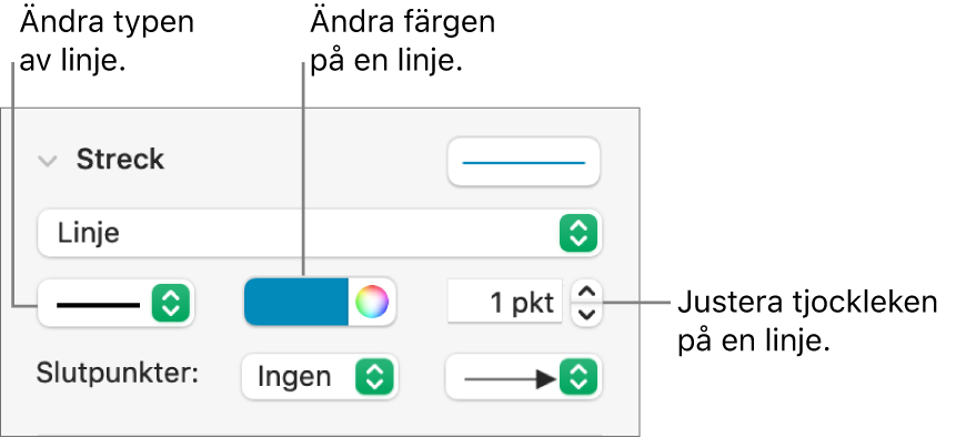 Streckreglagen för att ställa in slutpunkter, linjetjocklek och färg.