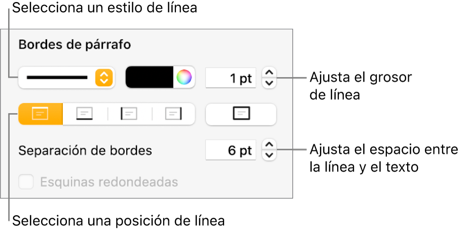 Controles para cambiar el estilo de línea, grosor, posición y color.