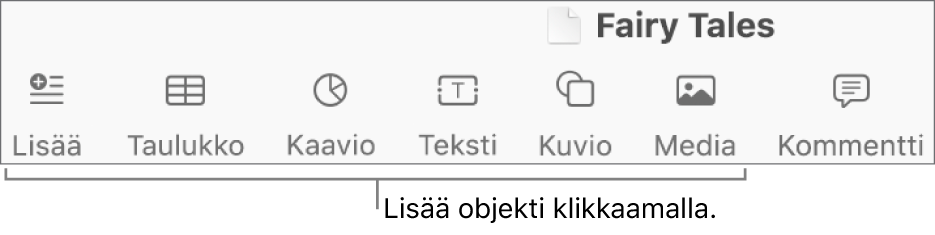 Työkalupalkki, jossa on painikkeita taulukoiden, kaavioiden, tekstin, kuvioiden ja median lisäämiseen.