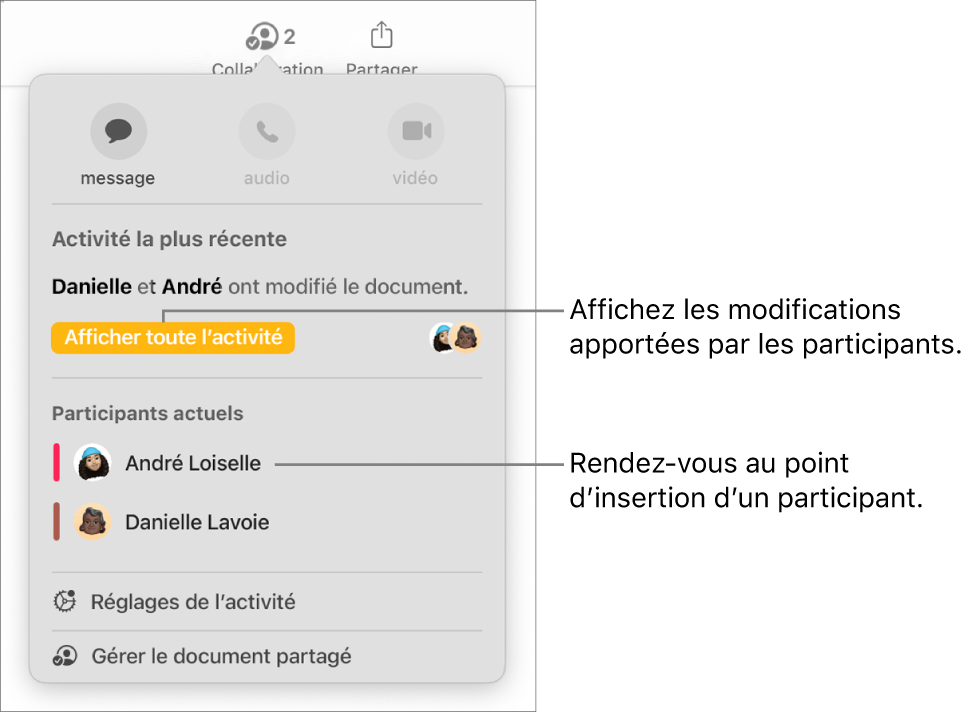 Le menu de collaboration avec deux participants actuels dans la liste.