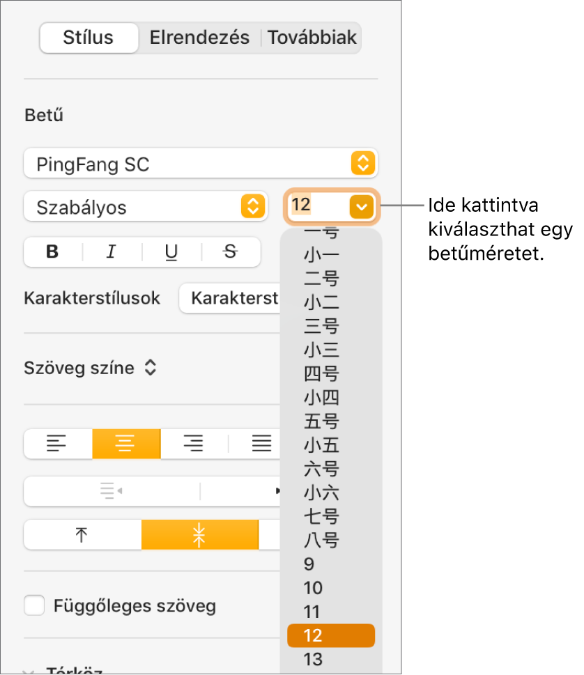 A Formátum oldalsáv Stílus szakasza a betűméretek megnyitott előugró menüjével. Az előugró menü tetején a kontinentális kínai állami szabványos betűméretek jelennek meg, alattuk pedig a pontban megadott méretek.