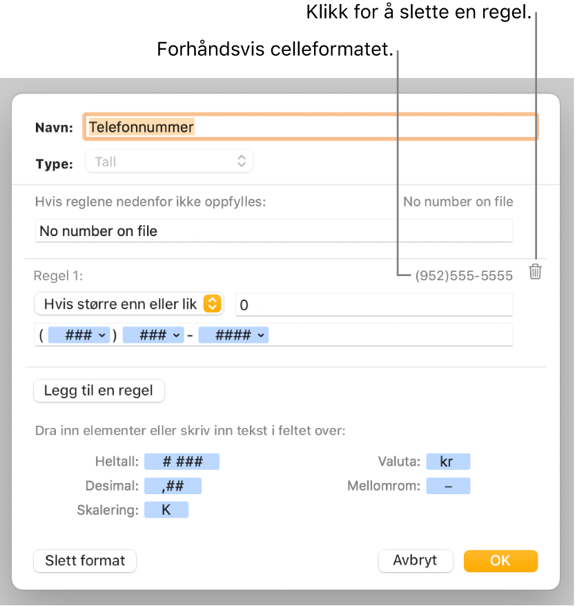 Tilpasset celleformat-vinduet, med kontroller for å velge tilpasset tallformatering.