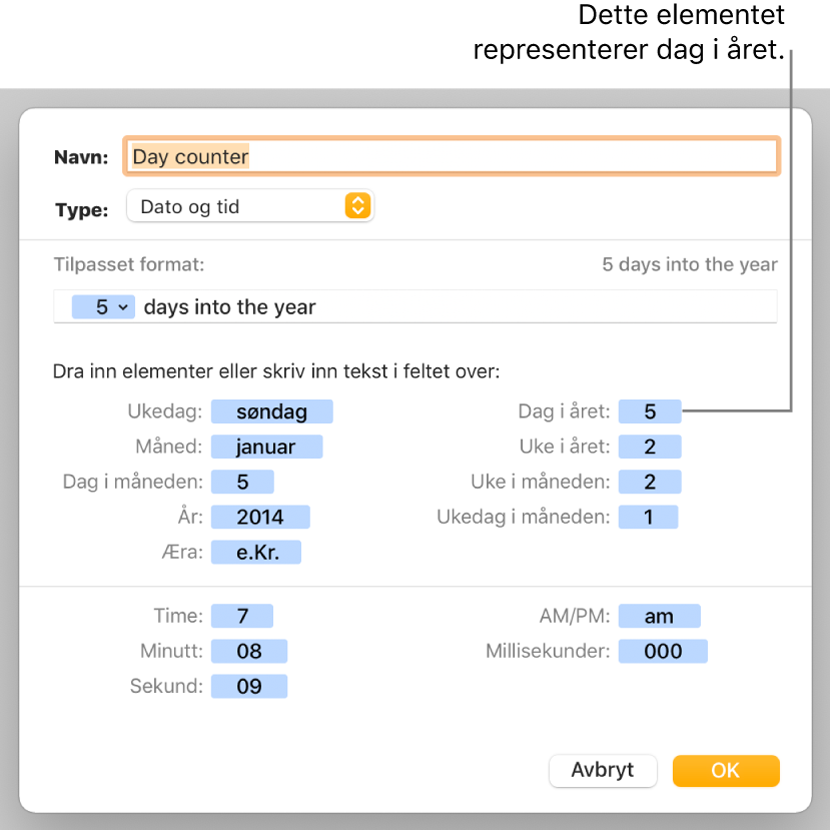 Tilpasset celleformat-vinduet, med kontroller for å velge tilpasset dato- og tidformatering.