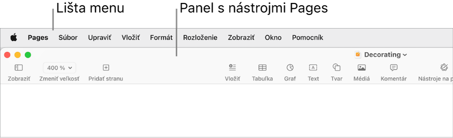 Menu lišta v hornej časti obrazovky s menu Apple, Pages, Súbor, Upraviť, Vložiť, Formátovať, Rozloženie, Zobraziť, Okno a Pomocník. Pod lištou je otvorený dokument Pages s tlačidlami panela s nástrojmi v hornej časti pre funkcie Zobraziť, Zmeniť veľkosť, Pridať strany, Vložiť, Tabuľka, Graf, Text, Tvar, Médiá, Komentár, Zdieľať a Formát.