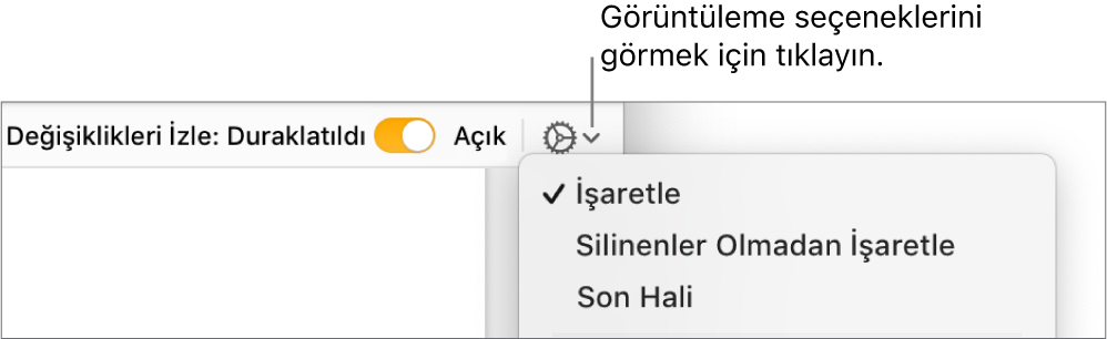 İşaretle, Silinenler Olmadan İşaretle ve Son Hali öğelerini gösteren gözden geçirme seçenekleri menüsü.