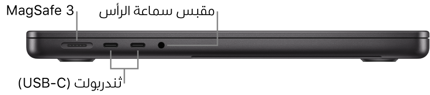 عرض للجانب الأيسر من MacBook Pro مقاس 14 بوصة مع وسائل شرح لمنفذ MagSafe 3 ومنفذي ثندربولت 4 (USB-C) ومقبس سماعة الرأس.