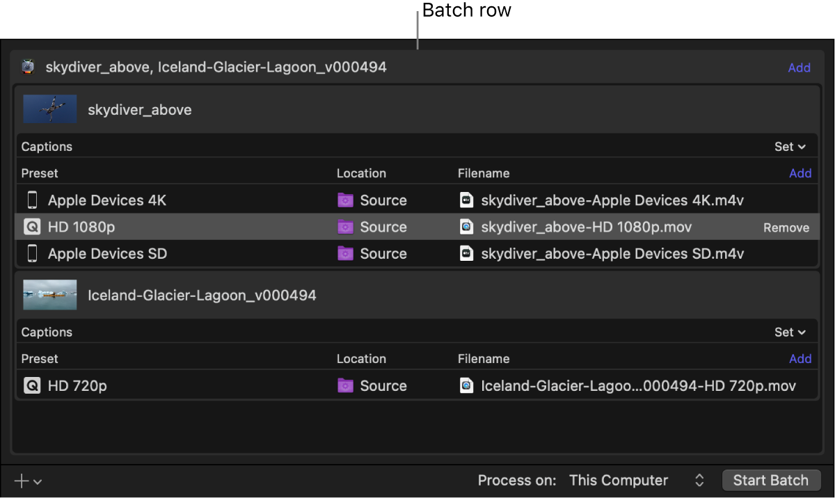 The batch area of Compressor with the top of the batch row selected.