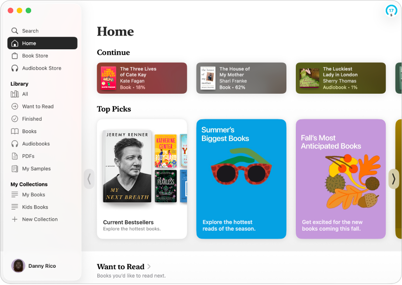 Một cửa sổ ứng dụng Sách đang hiển thị Trang chủ được chọn trong thanh bên và các phần Tiếp tục và Top lựa chọn ở bên phải.