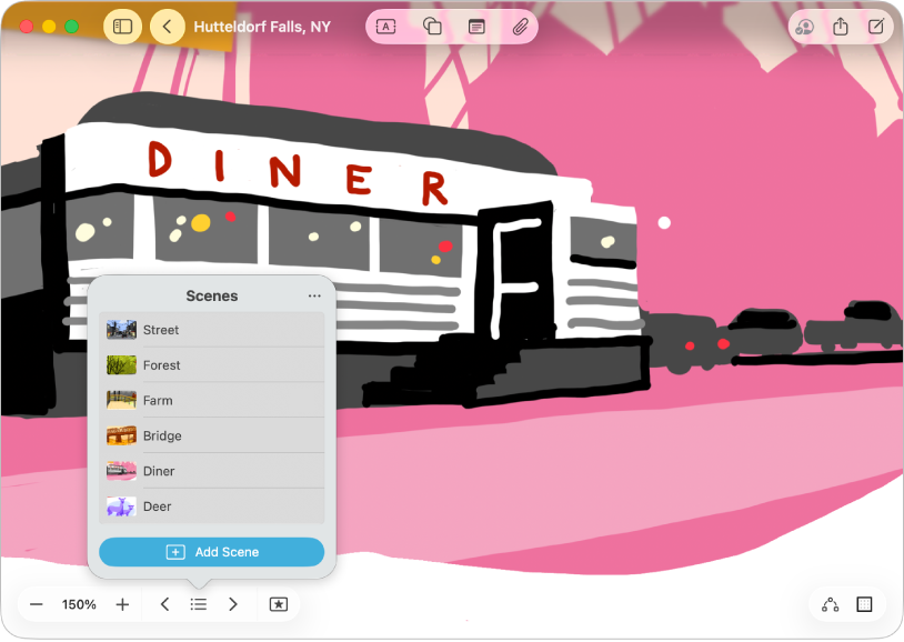 Nástenka Freeform s otvoreným navigátorom scén.