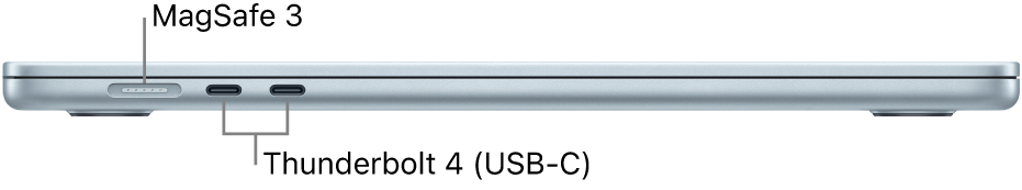 Le côté gauche d’un MacBook Air, avec des légendes pour les ports MagSafe 3 et Thunderbolt 4.