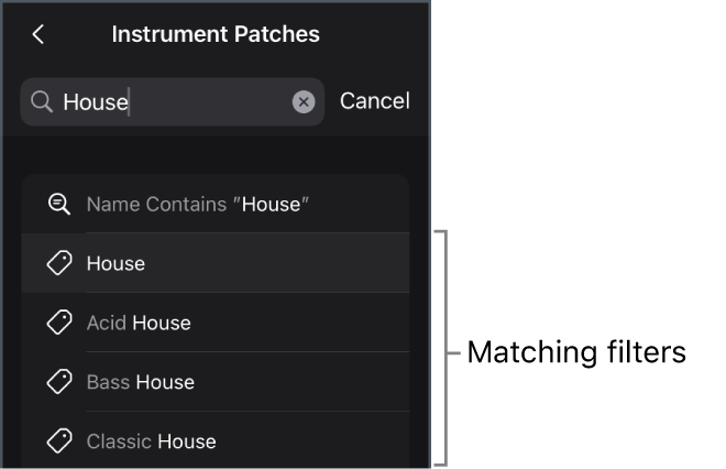 Figure. Suggested search results for the keyword “House” in the Instrument Patches view of the Browser.