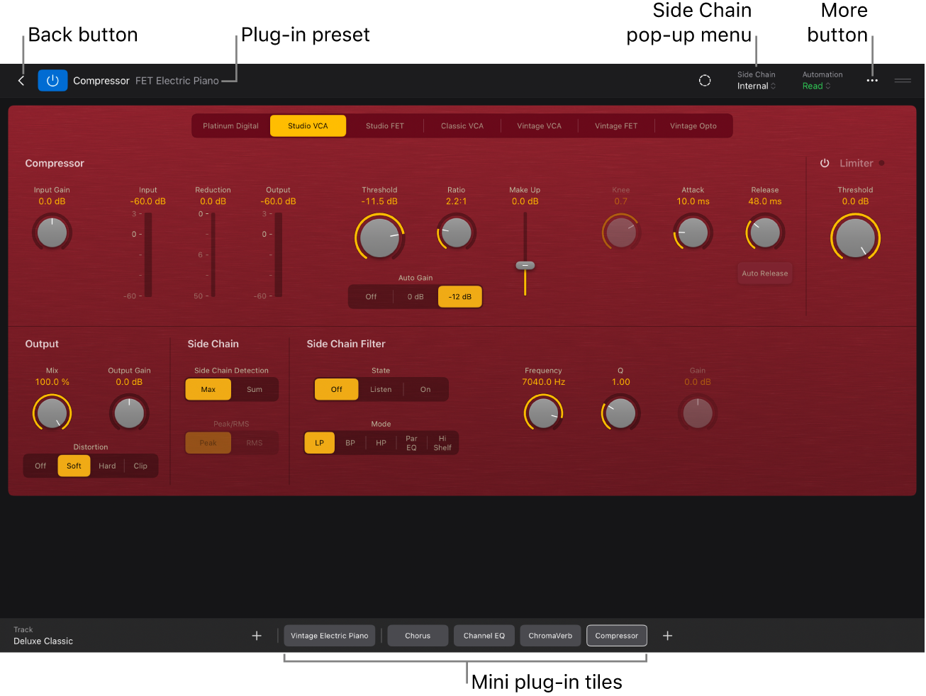 Figure. Compressor plug-in open in Details view, showing the Back button, plug-in preset menu, Side Chain pop-up menu, and mini plug-in tiles.