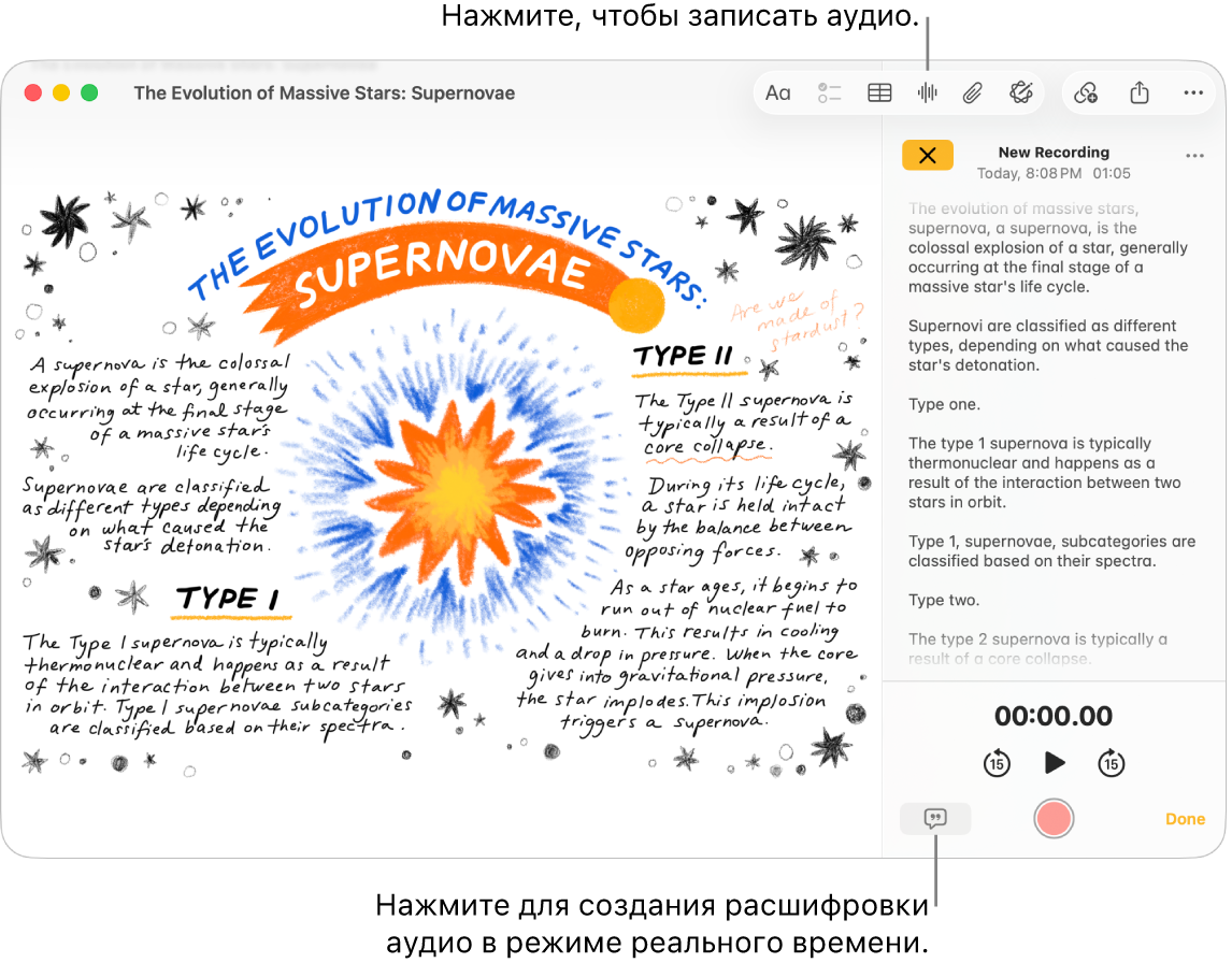 В окне приложения «Заметки» показана заметка с аудиозаписью. Открыт экран сведений об аудио, в котором отображается расшифровка аудиозаписи.