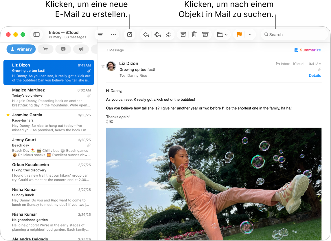 Ein Mail-Fenster mit der E-Mail-Liste neben der Seitenleiste und dem Inhalt der ausgewählten E-Mail auf der rechten Seite. Eine Beschreibung zeigt auf das Suchfeld.