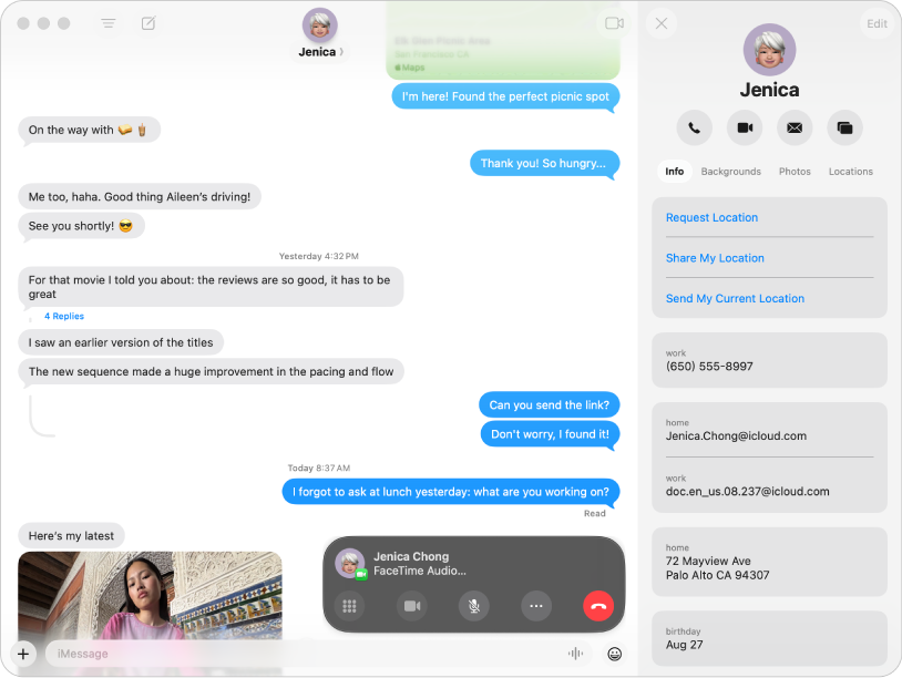 عرض معلومات، التي تظهر بعد النقر على أيقونة جهة الاتصال أو المجموعة في الجزء العلوي من المحادثة، وتظهر بها أزرار اتصال وفيديو ومشاركة الشاشة أسفل اسم شخص ما.