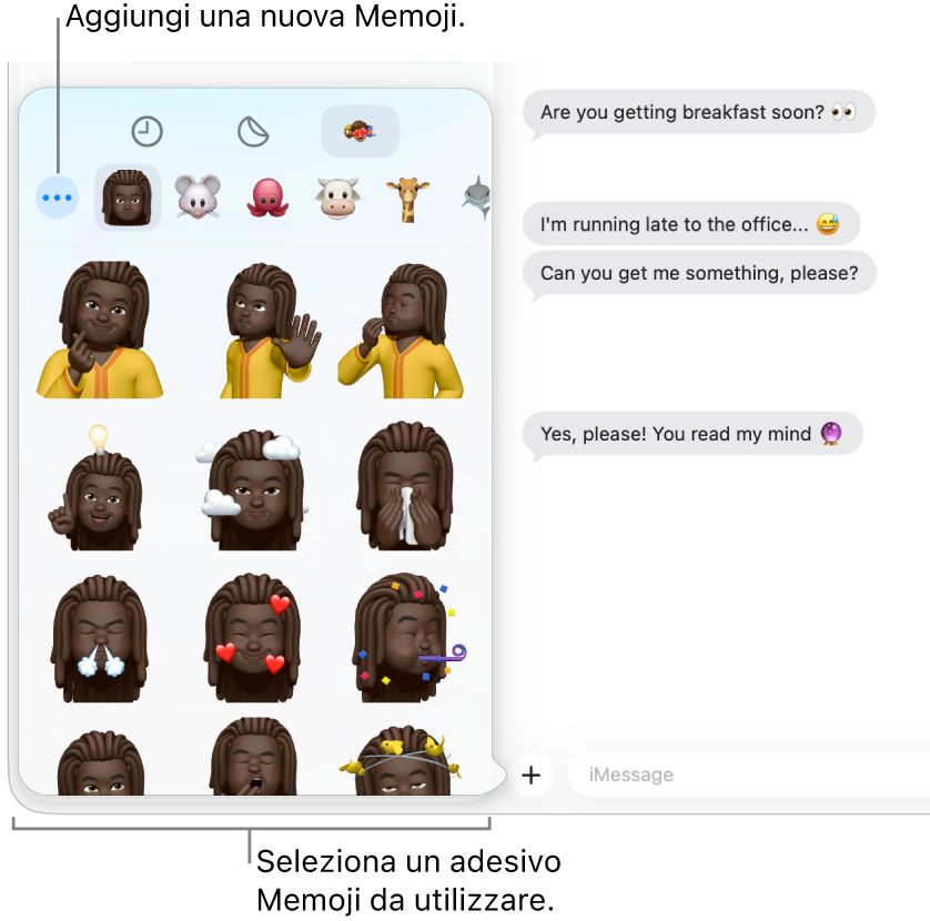 La finestra Messaggi con diverse conversazioni elencate sulla barra laterale a sinistra e una registrazione visualizzata a destra. Quando scegli gli adesivi Memoji dal pulsate App, puoi selezionare un adesivo Memoji da usare oppure puoi creare una nuova Memoji.