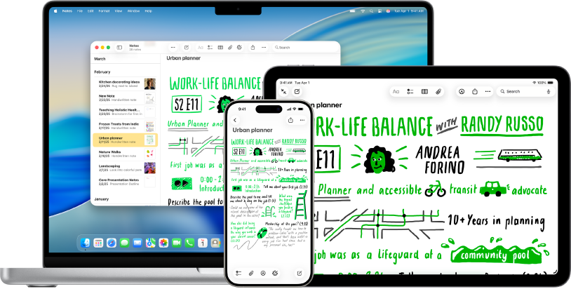 Une fenêtre de l’app Notes sur un Mac, un iPhone et un iPad affichant tous la même note sur iCloud.