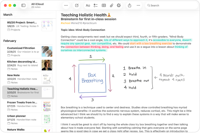 Une fenêtre de l’app Notes sur Mac affichant des surlignages de différentes couleurs.