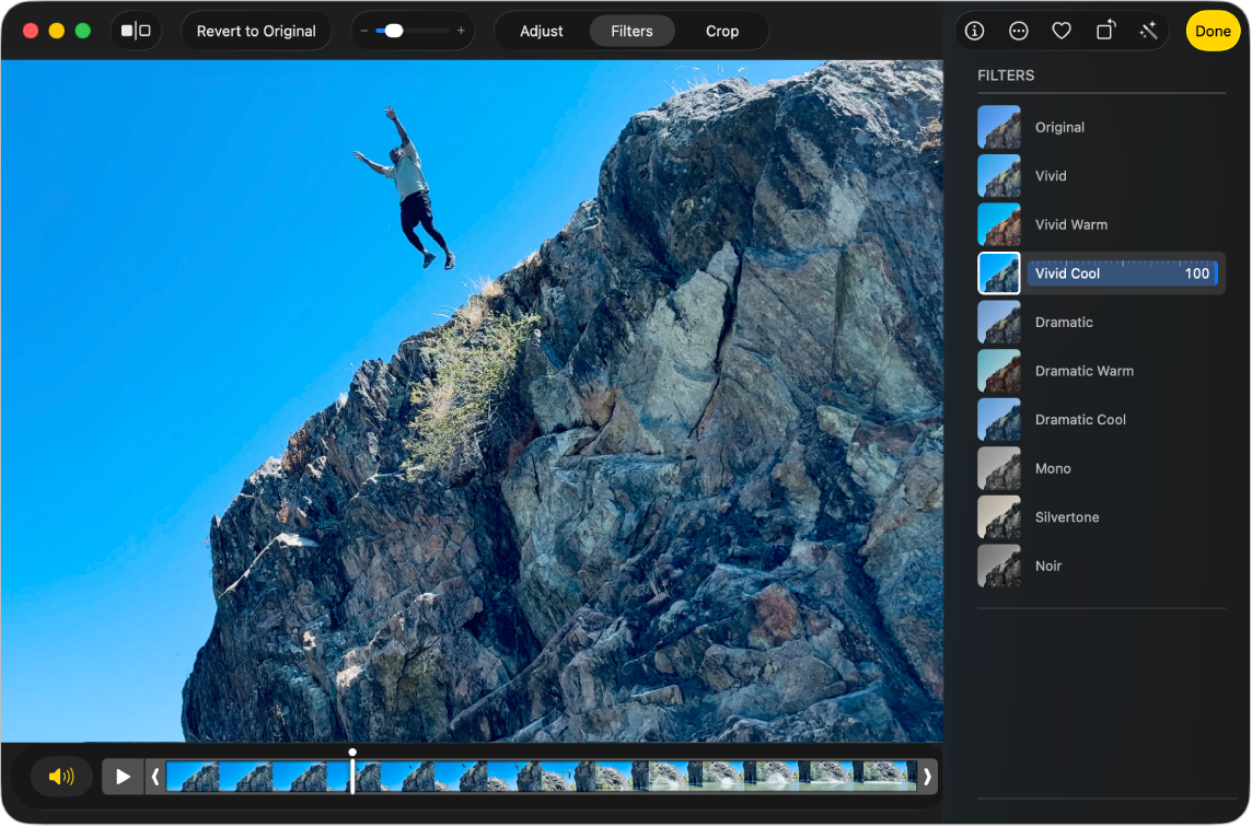 A video in editing view, with Filters selected at the top of the Photos window and filter options on the right.