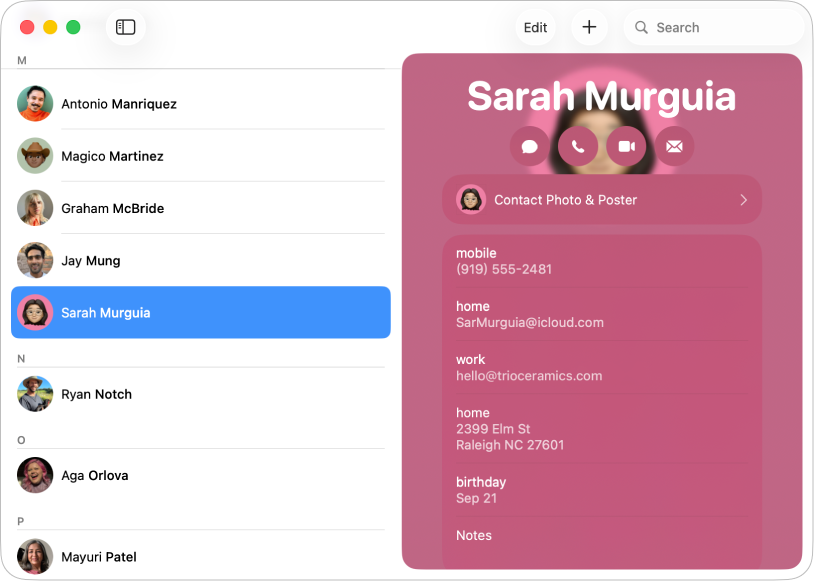 A janela Contactos mostra um contacto com um endereço.