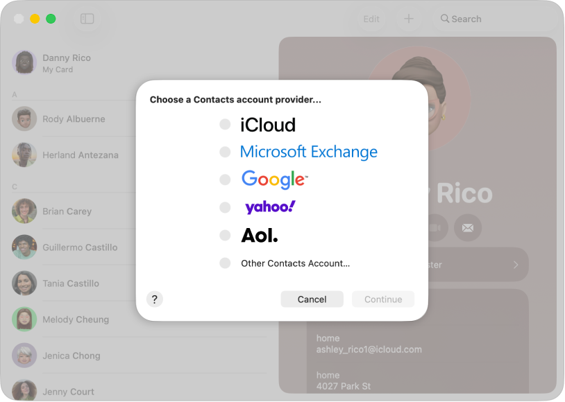 A janela para adicionar contas da Internet à aplicação Contactos.