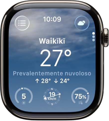 L’app Meteo che mostra una panoramica con le previsioni meteo per la giornata. Il nome della località è visualizzato sopra la temperatura attuale. In basso sono presenti tre pulsanti: Indice UV, Velocità vento e Precipitazioni. L’elenco di luoghi è in alto a sinistra, mentre in alto a destra è visualizzato il pulsante Condizioni.