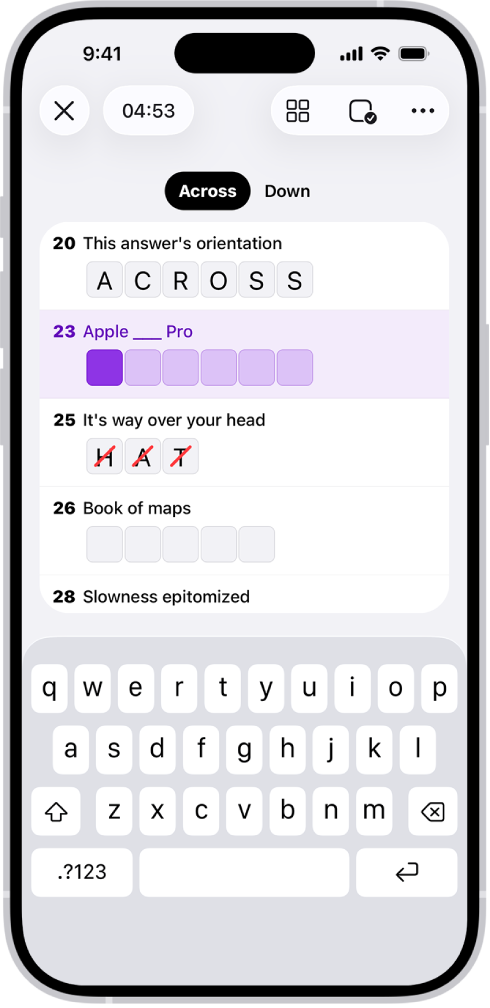 A partially filled crossword puzzle in list view, and a keyboard open at the bottom.
