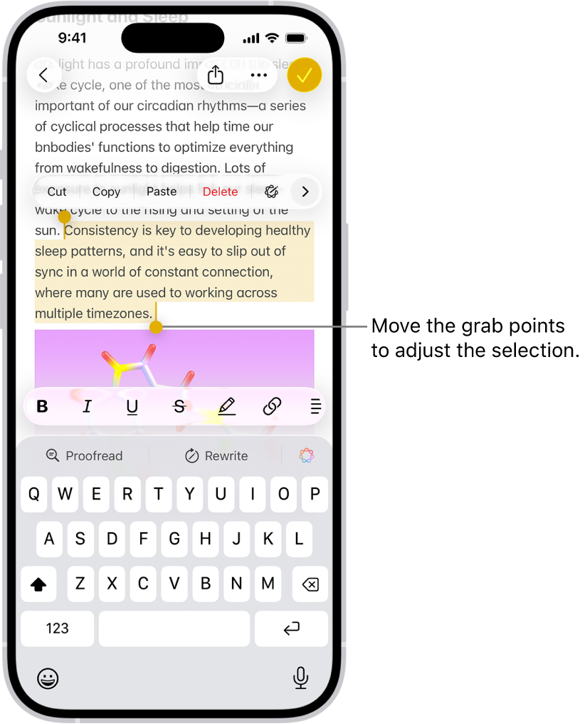 Text is selected in a note in the Notes app. Above the selected text are the Cut, Copy, Paste, and AutoFill buttons. The selected text is highlighted, with grab points to adjust the selection at either end.
