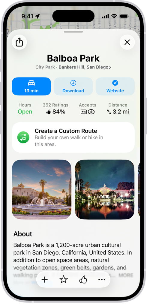 The place card for a museum with its open status, ratings, a description, photos, and buttons to call it, go to its website, or buy tickets.