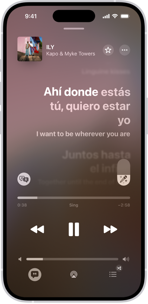 The Now Playing screen showing the Apple Music Sing slider to the right of the lyrics and the Translation and Pronunciation button to the left. Translation is on, so you can see the Spanish to English translation. The currently playing lyrics are highlighted.