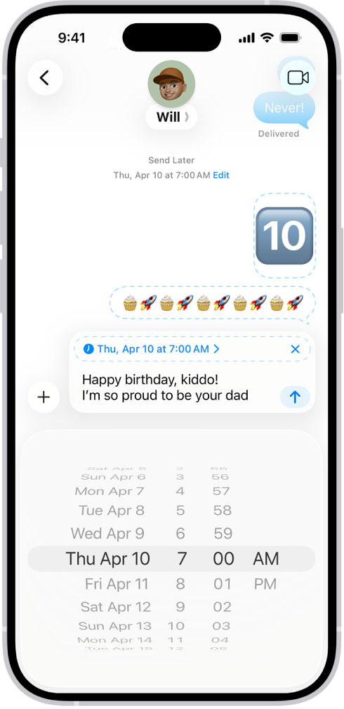 बाद में भेजने के लिए शेड्यूल किए गए संदेश ऐप के साथ संदेश वार्तालाप।