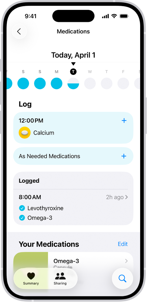 सेहत में दवाइयों की स्क्रीन पर दवाओं की तिथि और लॉग दिखाया जाता है।