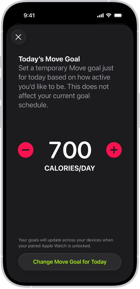 Lietotnes Fitness ekrāns Move Goal Schedule, kurā redzamas pogas mērķu palielināšanai vai samazināšanai pa nedēļas dienām sadaļā Move goal.