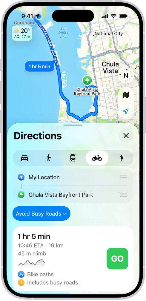 Na mape sa zobrazujú možnosti trasy pre jazdu na bicykli. Na karte trasy v dolnej časti sú uvedené podrobnosti vrátane odhadovaného času cesty, zmien prevýšenia a typov ciest. Napravo od podrobností je tlačidlo Štart.