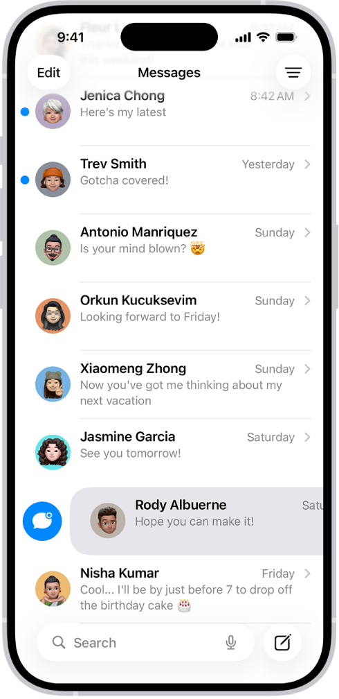 Zoznam konverzácií v apke Správy s dvomi neprečítanými správami a jednou označovanou ako neprečítanou.