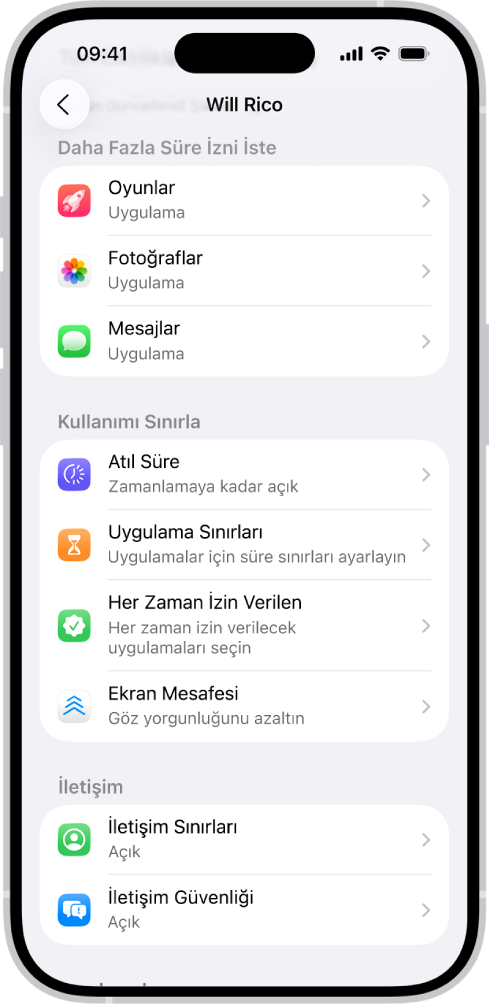 Aile Paylaşımı grubundaki bir çocuğun ekranı, Daha Fazla Süre İzni İste için bir bölüm gösteriyor.