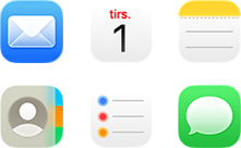 Symboler for Mail, Kalender, Noter, Kontakter, Påmindelser og Beskeder