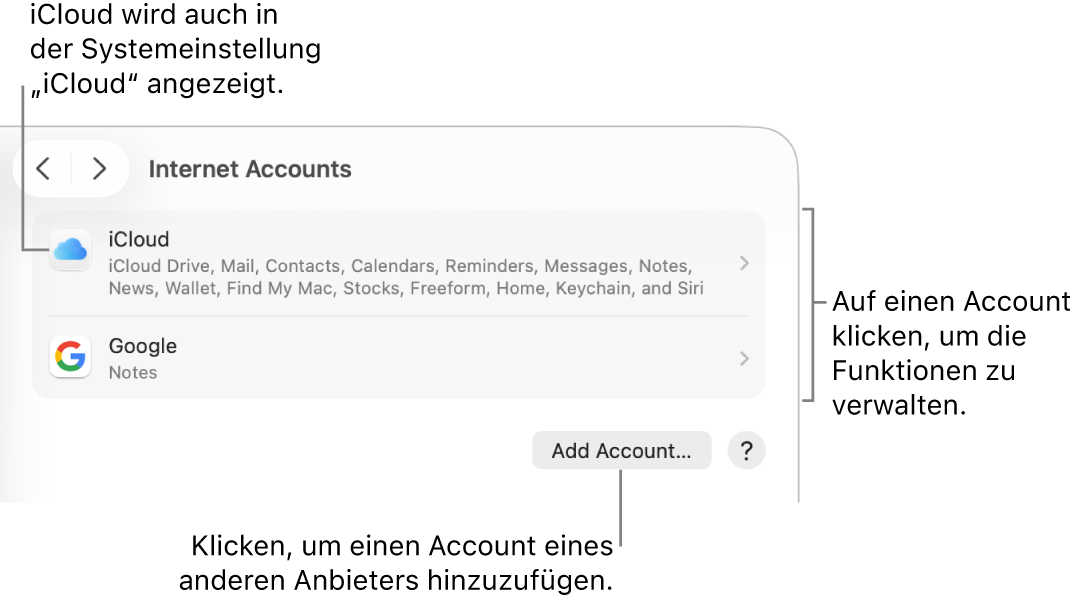 Systemeinstellung „Internetaccounts“ mit einer Liste der Accounts, die auf dem Mac eingerichtet sind.