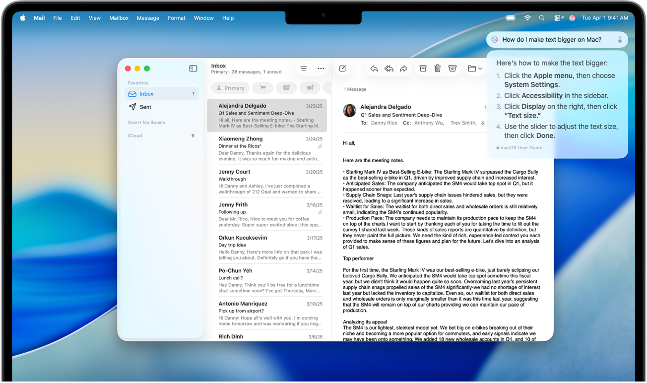 The Mac desktop showing the Siri icon in the menu bar and the Type to Siri field with a question about the Mac. Below that is an answer from Siri.