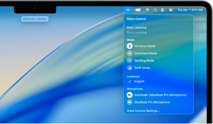 The Voice Control icon is shown in the menu bar and the Voice Control menu is open.