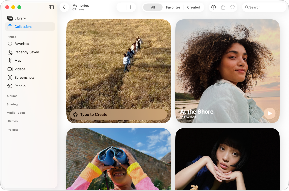 Una ventana de Fotos en una Mac muestra la colección Recuerdos, la cual contiene opciones para crear un video de recuerdo nuevo y ver los recuerdos existentes.