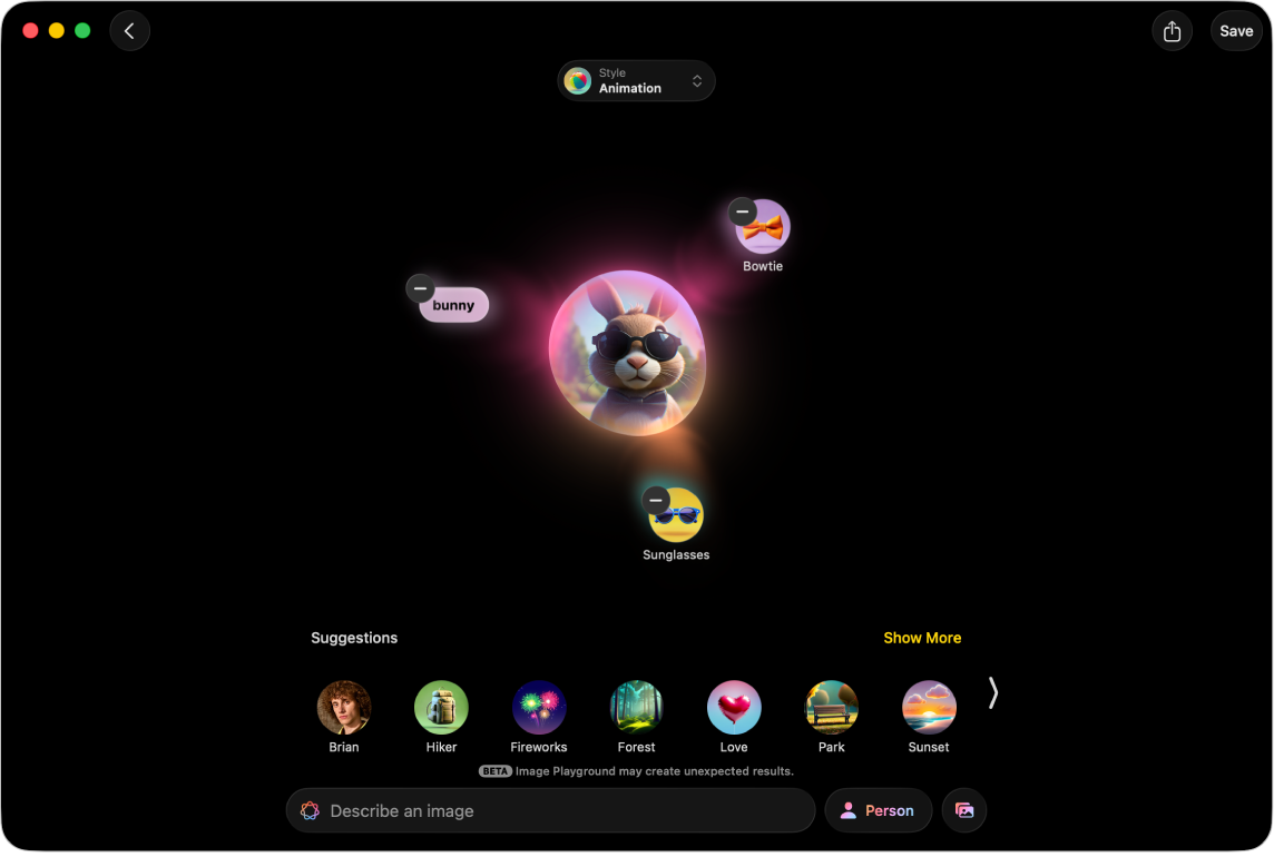 La ventana de la app Image Playground con una imagen creada de un conejito con gafas de sol y una pajarita.