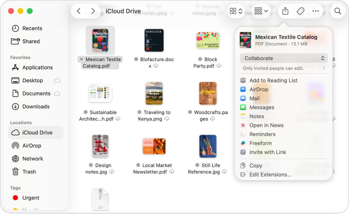Uma janela do Finder a mostrar ficheiros e pastas em iCloud Drive. No menu pop‑up Partilhar, a opção “Colaborar” está selecionada.