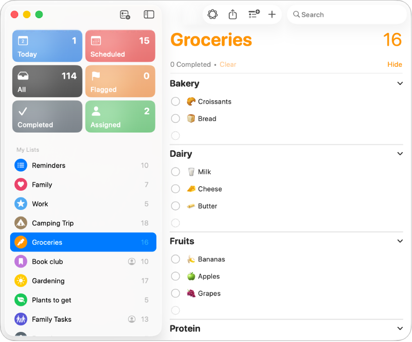 A Reminders window showing a grocery shopping list organised by categories.