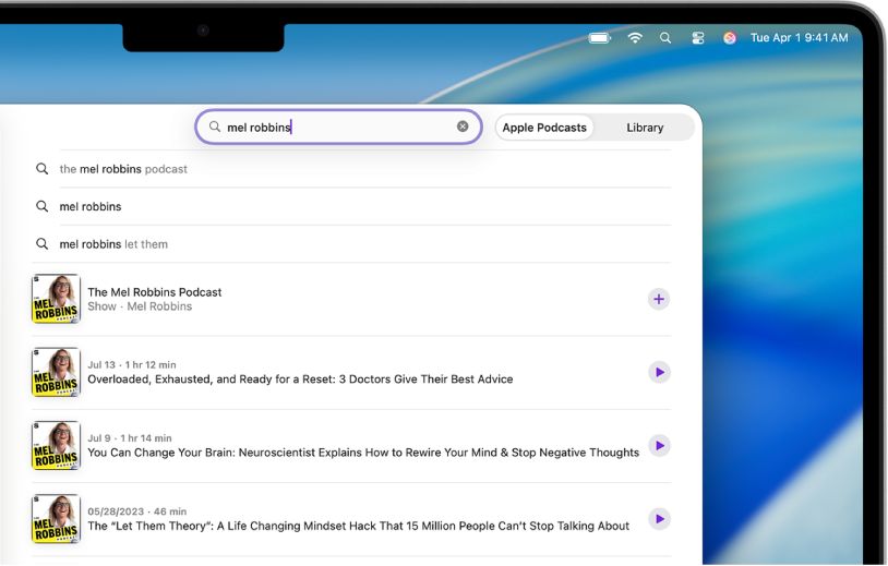 The Apple Podcasts window showing a search query and a list of search results.