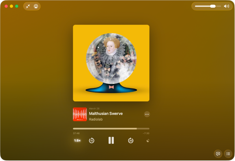The Apple Podcasts app on a Mac, showing the Now Playing screen. At the bottom of the Podcasts window are the playback speed, rewind, pause/play, fast forward and sleep timer buttons.